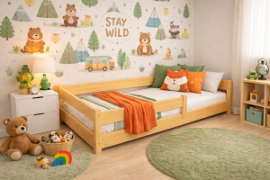 Łóżko podłogowe niskie Nordik - naturalne drewno Montessori, łóżko  dziecięce z barierka 